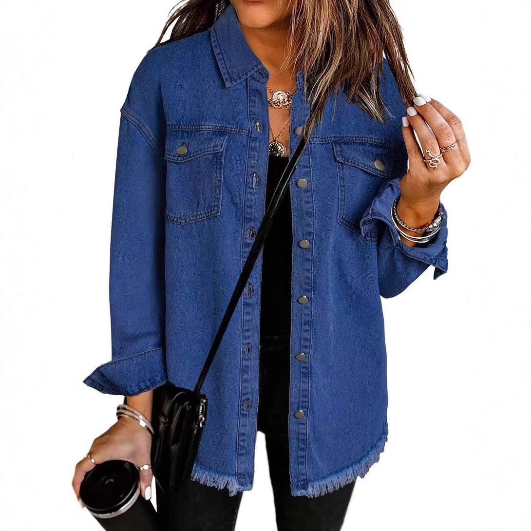 Cross-border New Washed Denim Shirt Jacket 2024 European and American Women's Autumn and Winter Distinctive Street Style Edge Hem Jacket - Grab & Glow