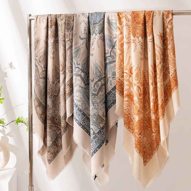 New Style Women's Silk Wool Scarf, Retro Printed Square Scarf, Sun Protection and Warm Neck Scarf, Dual-Use Decorative Scarf - Grab & Glow