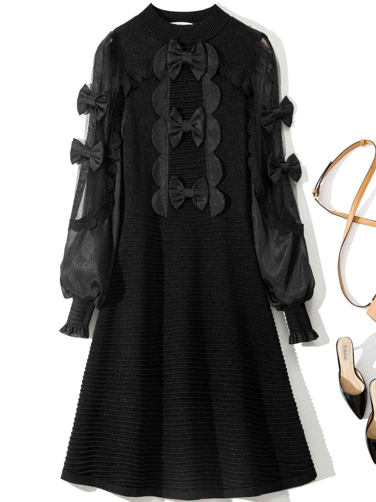 L6790 2025 Autumn Women's New Half-Turtleneck Bow Decoration Color-Block Lantern Long Sleeve Dress - Grab & Glow