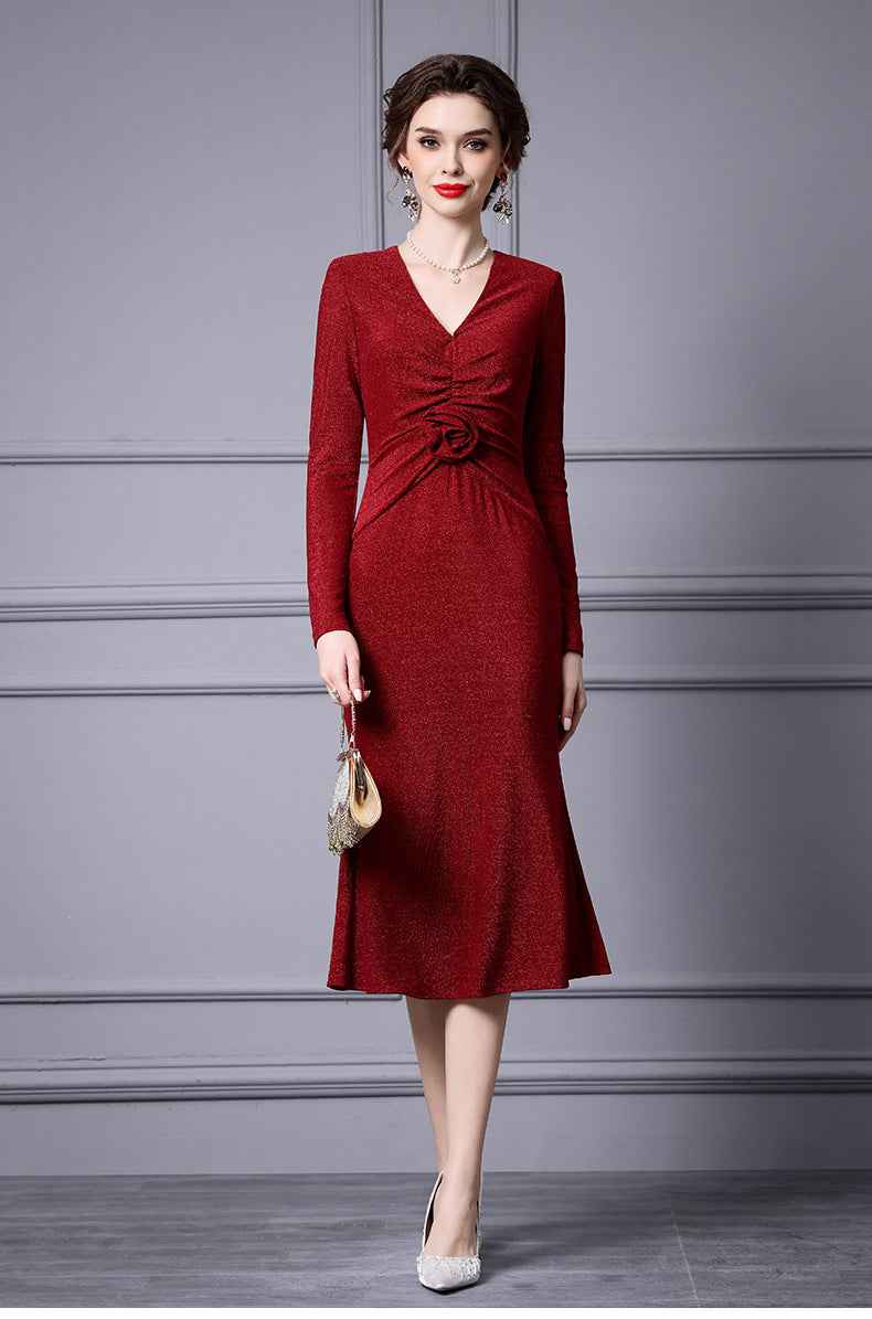 Zhili Red Mature Feminine Dress with Wrap Skirt, V-Neck, Floral Decoration, Bodycon Skirt, Mermaid Skirt, Spring 2026 - Grab & Glow