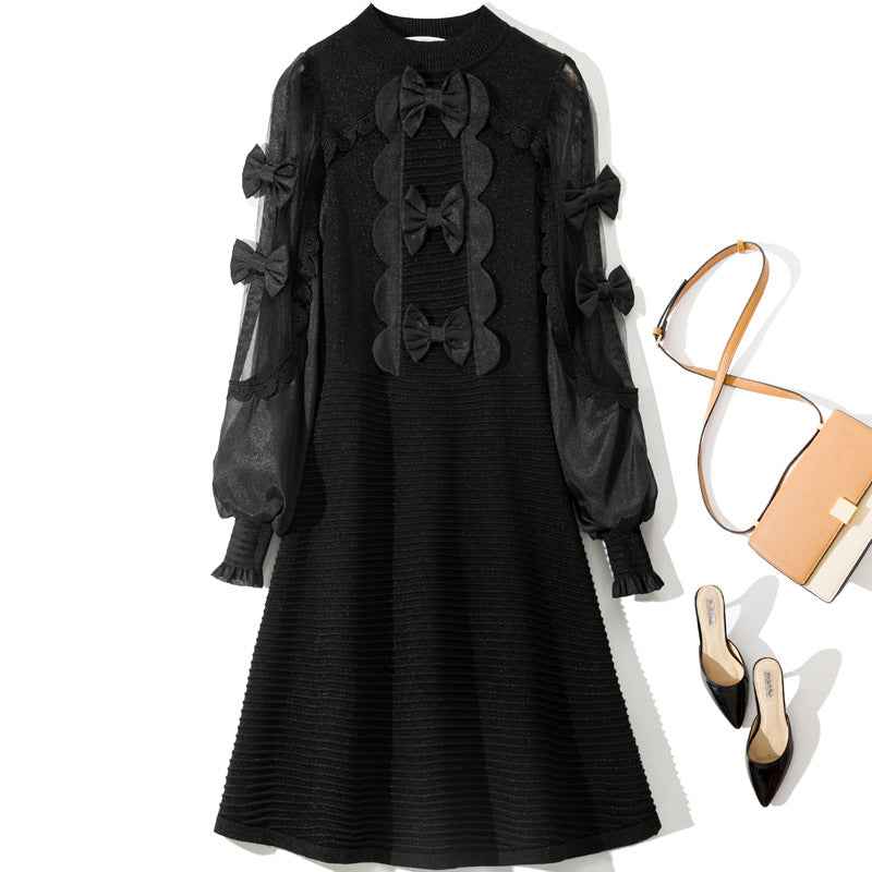 L6790 2025 Autumn Women's New Half-Turtleneck Bow Decoration Color-Block Lantern Long Sleeve Dress - Grab & Glow