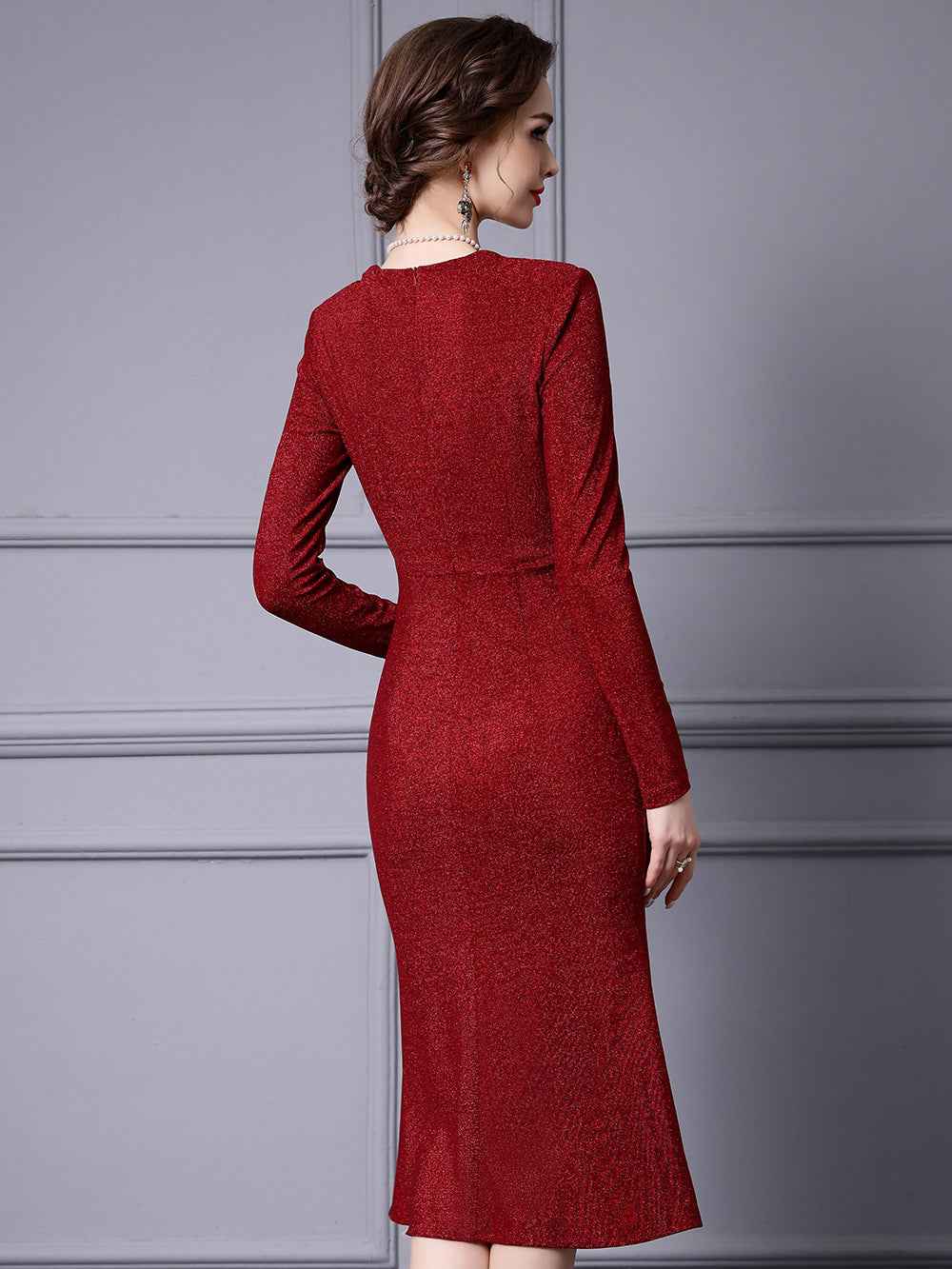 Zhili Red Mature Feminine Dress with Wrap Skirt, V-Neck, Floral Decoration, Bodycon Skirt, Mermaid Skirt, Spring 2026 - Grab & Glow