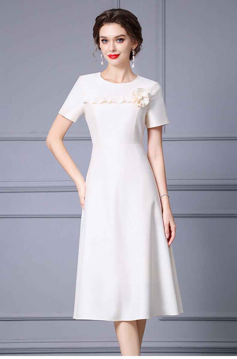 Zhili French-Style Elegant Ladylike Dress with Three-Dimensional Floral Decoration, High-Waisted Short-Sleeve A-Line Flared Skirt, Summer 2026 - Grab & Glow
