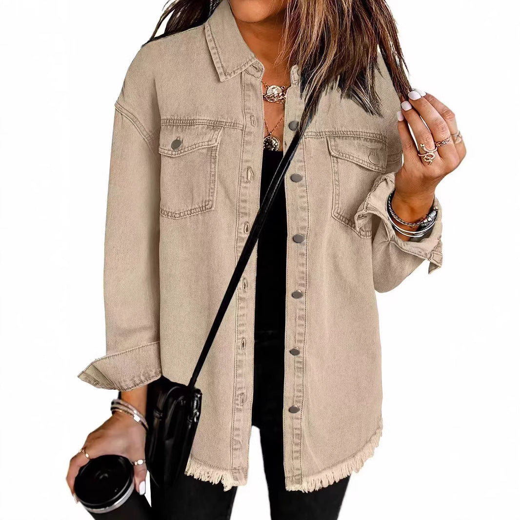 Cross-border New Washed Denim Shirt Jacket 2024 European and American Women's Autumn and Winter Distinctive Street Style Edge Hem Jacket - Grab & Glow