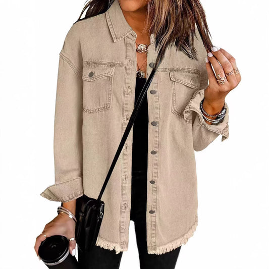 Cross-border New Washed Denim Shirt Jacket 2024 European and American Women's Autumn and Winter Distinctive Street Style Edge Hem Jacket - Grab & Glow