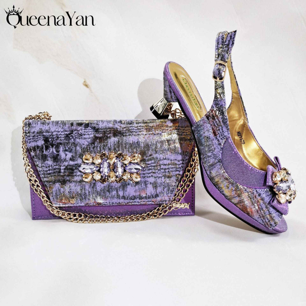 Irregular-Shaped Chunky Heel Shoes with Rhinestone Decoration and Back Strap, Women's Shoes with Chain Shoulder Evening Bag, Fashionable Party Shoe and Bag Set - Grab & Glow