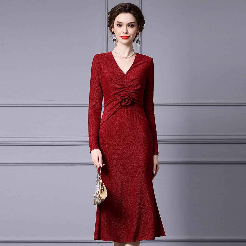 Zhili Red Mature Feminine Dress with Wrap Skirt, V-Neck, Floral Decoration, Bodycon Skirt, Mermaid Skirt, Spring 2026 - Grab & Glow