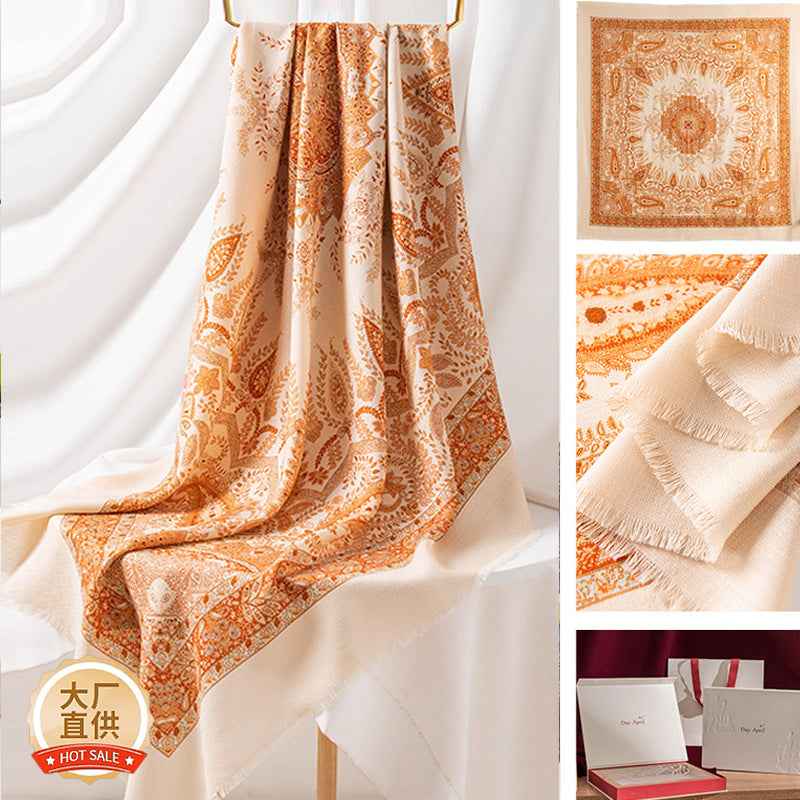 New Style Women's Silk Wool Scarf, Retro Printed Square Scarf, Sun Protection and Warm Neck Scarf, Dual-Use Decorative Scarf - Grab & Glow