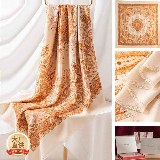 New Style Women's Silk Wool Scarf, Retro Printed Square Scarf, Sun Protection and Warm Neck Scarf, Dual-Use Decorative Scarf - Grab & Glow