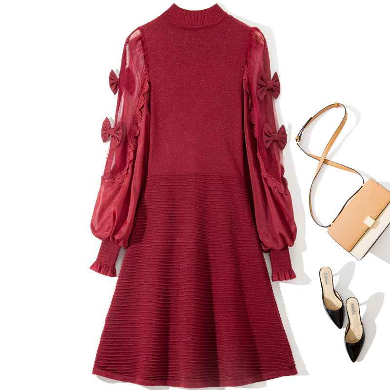 L6790 2025 Autumn Women's New Half-Turtleneck Bow Decoration Color-Block Lantern Long Sleeve Dress - Grab & Glow