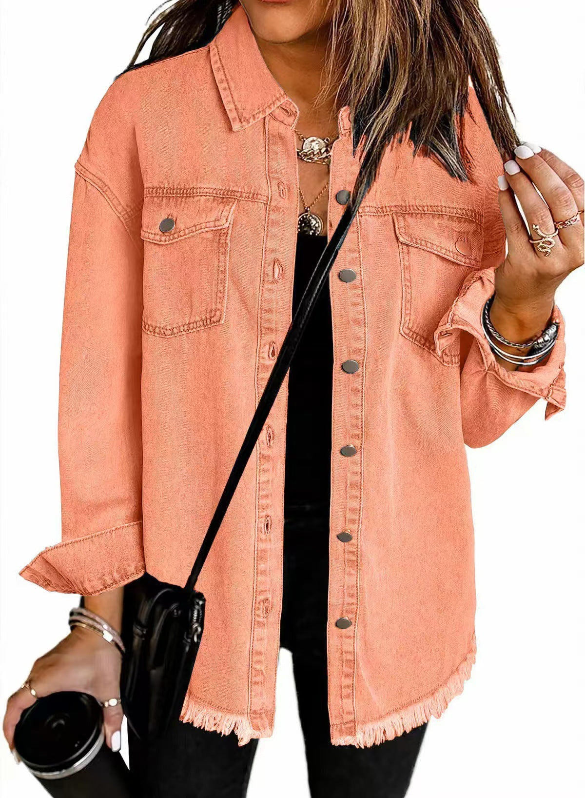 Cross-border New Washed Denim Shirt Jacket 2024 European and American Women's Autumn and Winter Distinctive Street Style Edge Hem Jacket - Grab & Glow