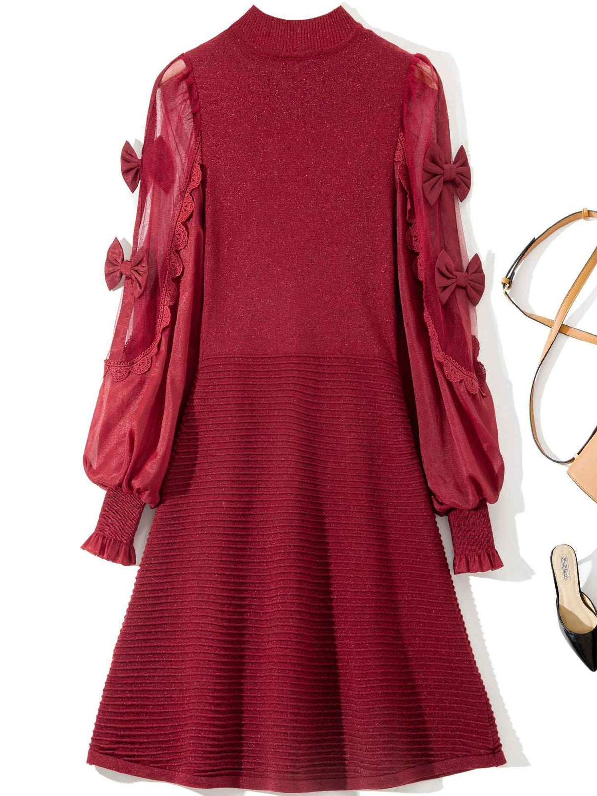 L6790 2025 Autumn Women's New Half-Turtleneck Bow Decoration Color-Block Lantern Long Sleeve Dress - Grab & Glow