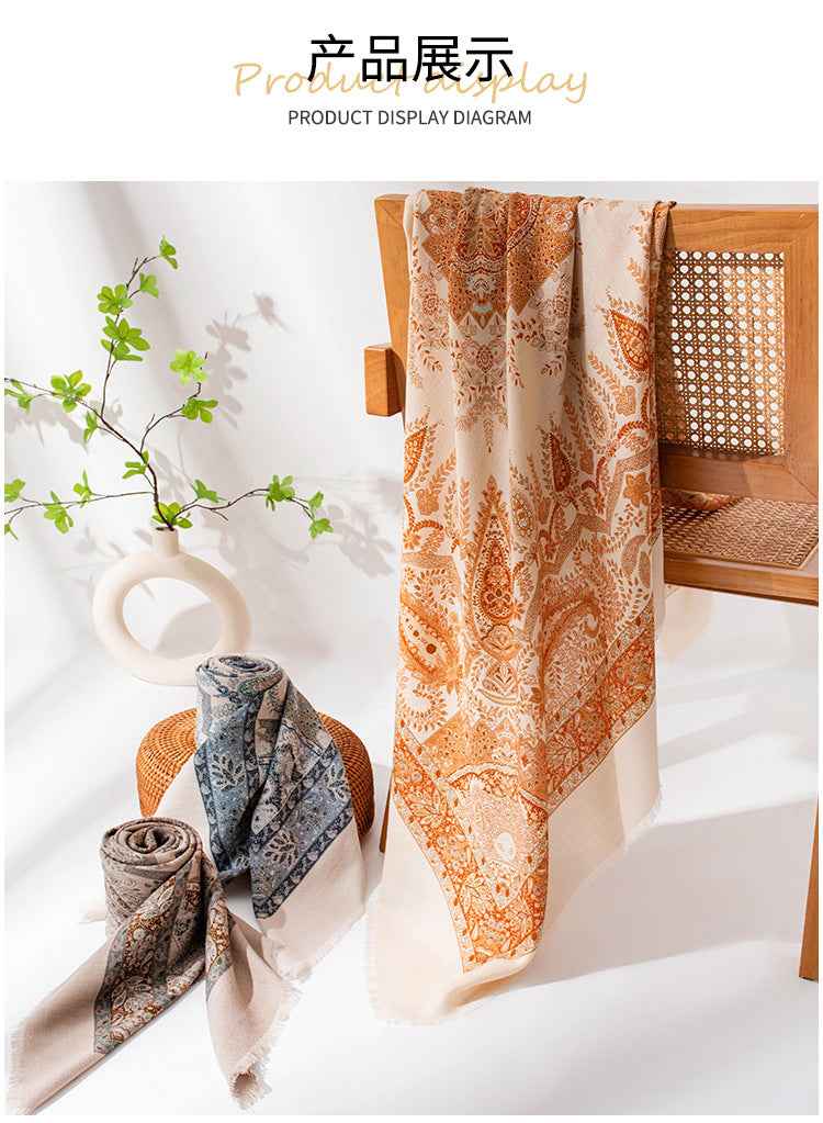 New Style Women's Silk Wool Scarf, Retro Printed Square Scarf, Sun Protection and Warm Neck Scarf, Dual-Use Decorative Scarf - Grab & Glow