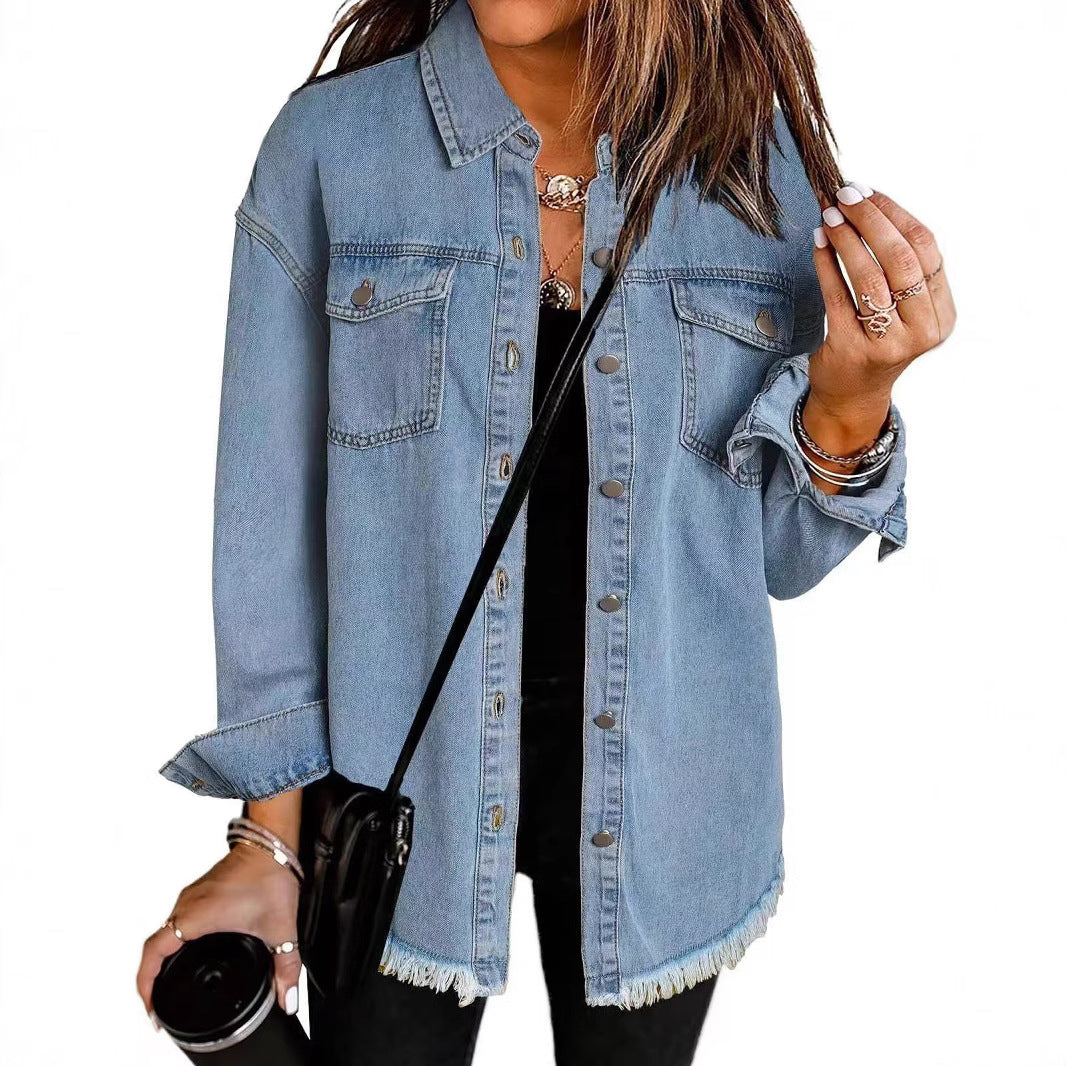 Cross-border New Washed Denim Shirt Jacket 2024 European and American Women's Autumn and Winter Distinctive Street Style Edge Hem Jacket - Grab & Glow