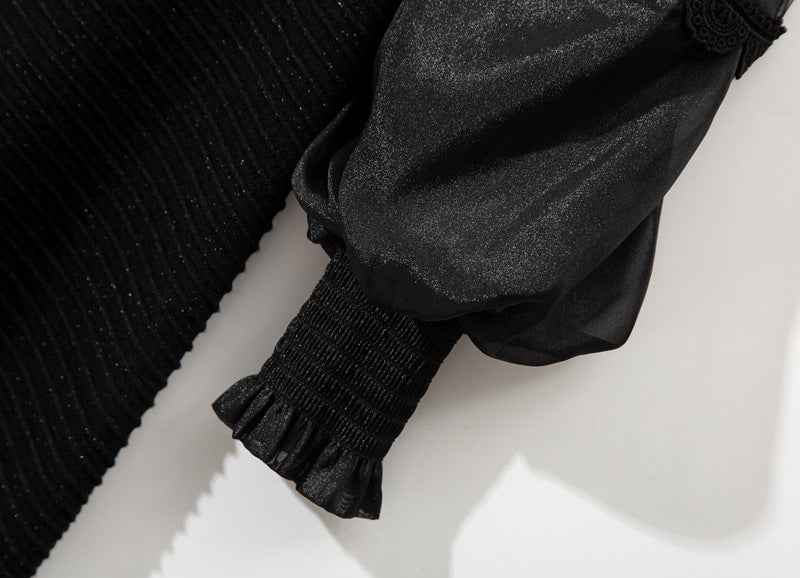 L6790 2025 Autumn Women's New Half-Turtleneck Bow Decoration Color-Block Lantern Long Sleeve Dress - Grab & Glow