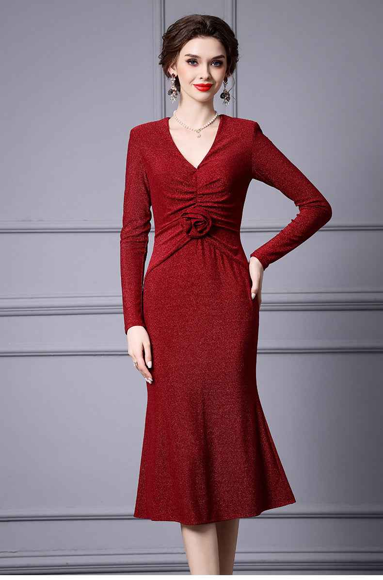 Zhili Red Mature Feminine Dress with Wrap Skirt, V-Neck, Floral Decoration, Bodycon Skirt, Mermaid Skirt, Spring 2026 - Grab & Glow