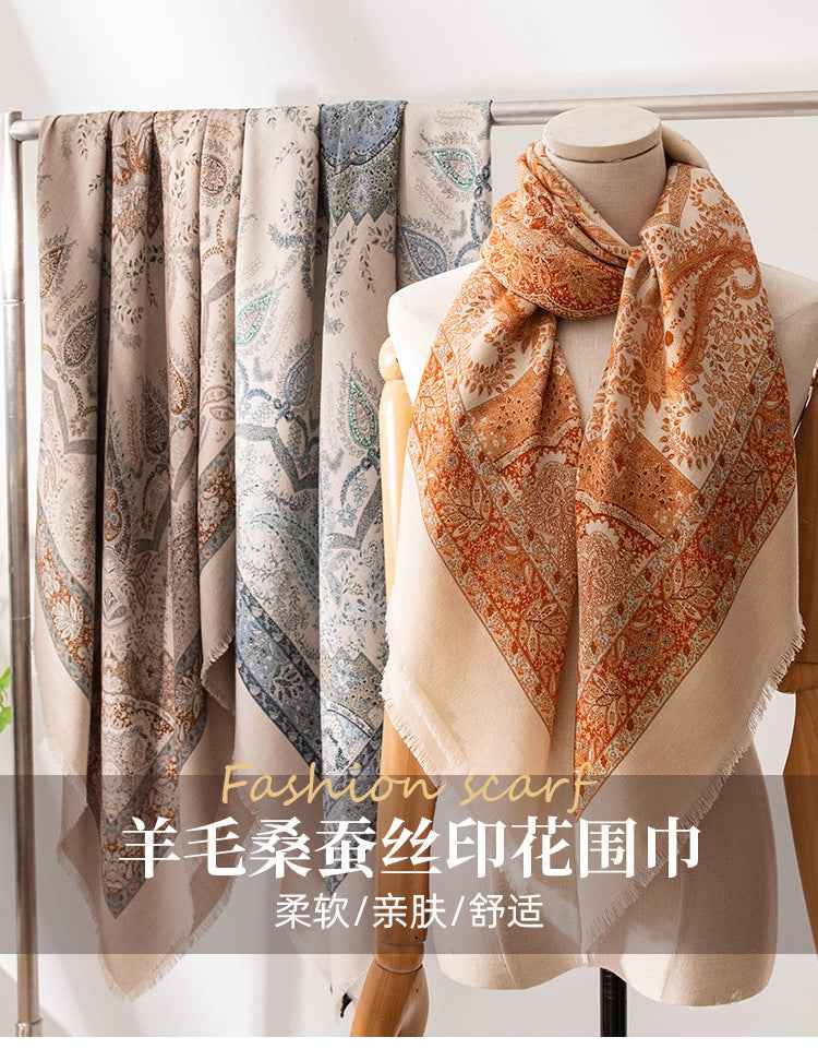 New Style Women's Silk Wool Scarf, Retro Printed Square Scarf, Sun Protection and Warm Neck Scarf, Dual-Use Decorative Scarf - Grab & Glow