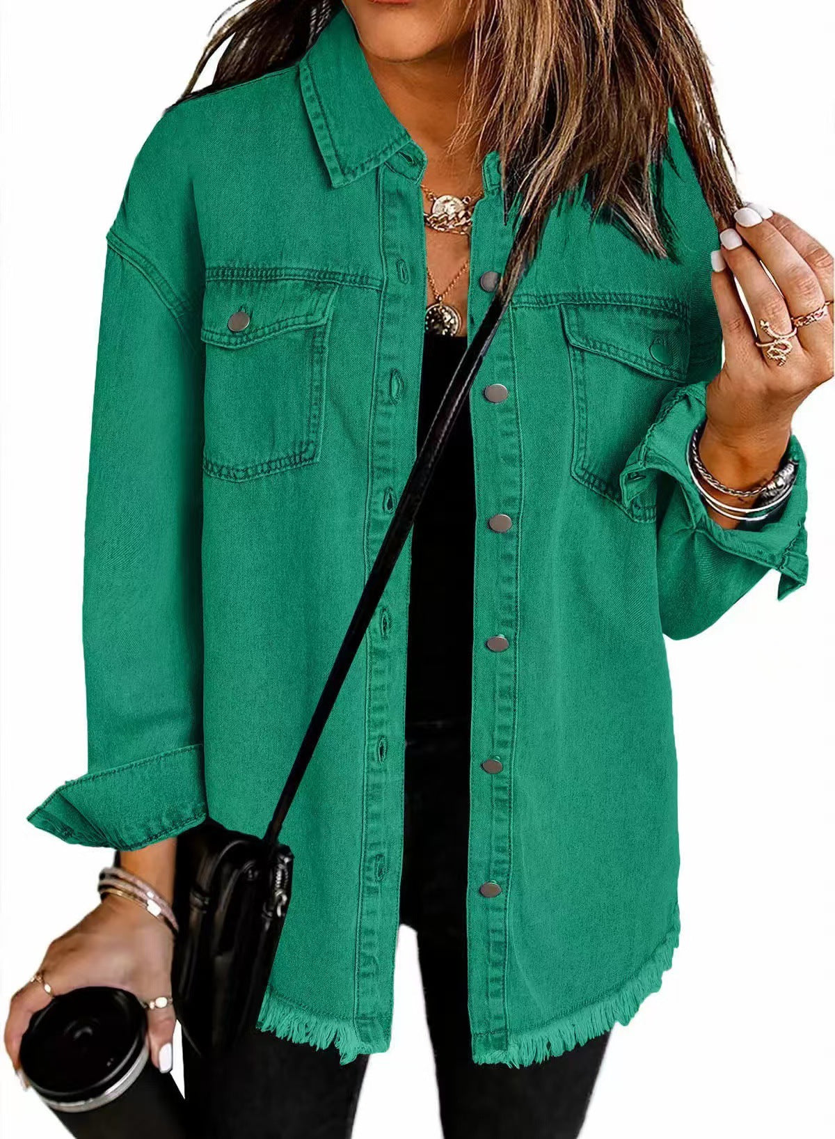 Cross-border New Washed Denim Shirt Jacket 2024 European and American Women's Autumn and Winter Distinctive Street Style Edge Hem Jacket - Grab & Glow