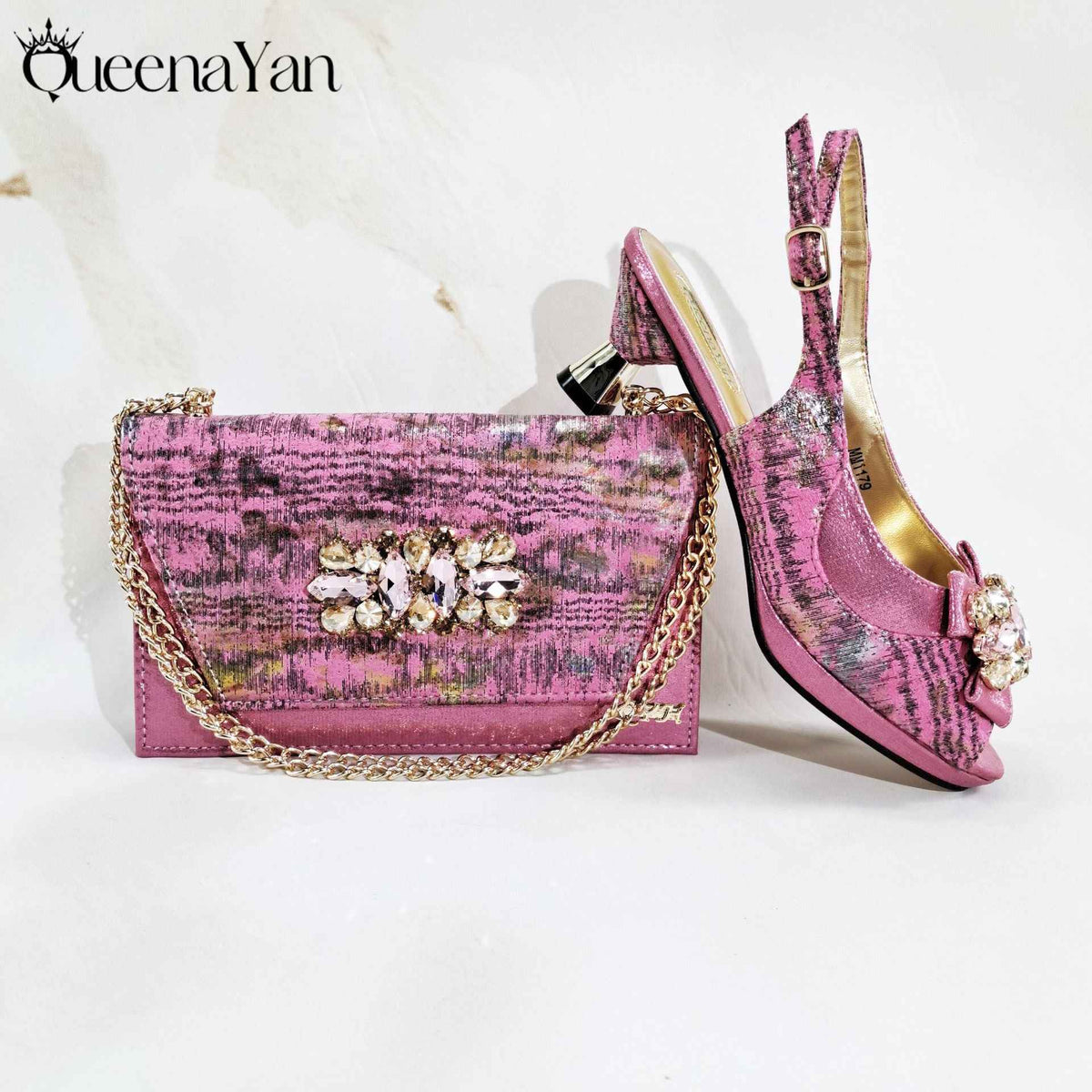 Irregular-Shaped Chunky Heel Shoes with Rhinestone Decoration and Back Strap, Women's Shoes with Chain Shoulder Evening Bag, Fashionable Party Shoe and Bag Set - Grab & Glow