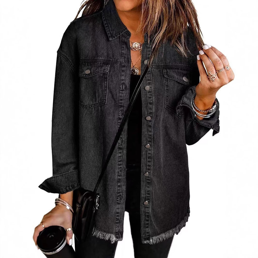 Cross-border New Washed Denim Shirt Jacket 2024 European and American Women's Autumn and Winter Distinctive Street Style Edge Hem Jacket - Grab & Glow