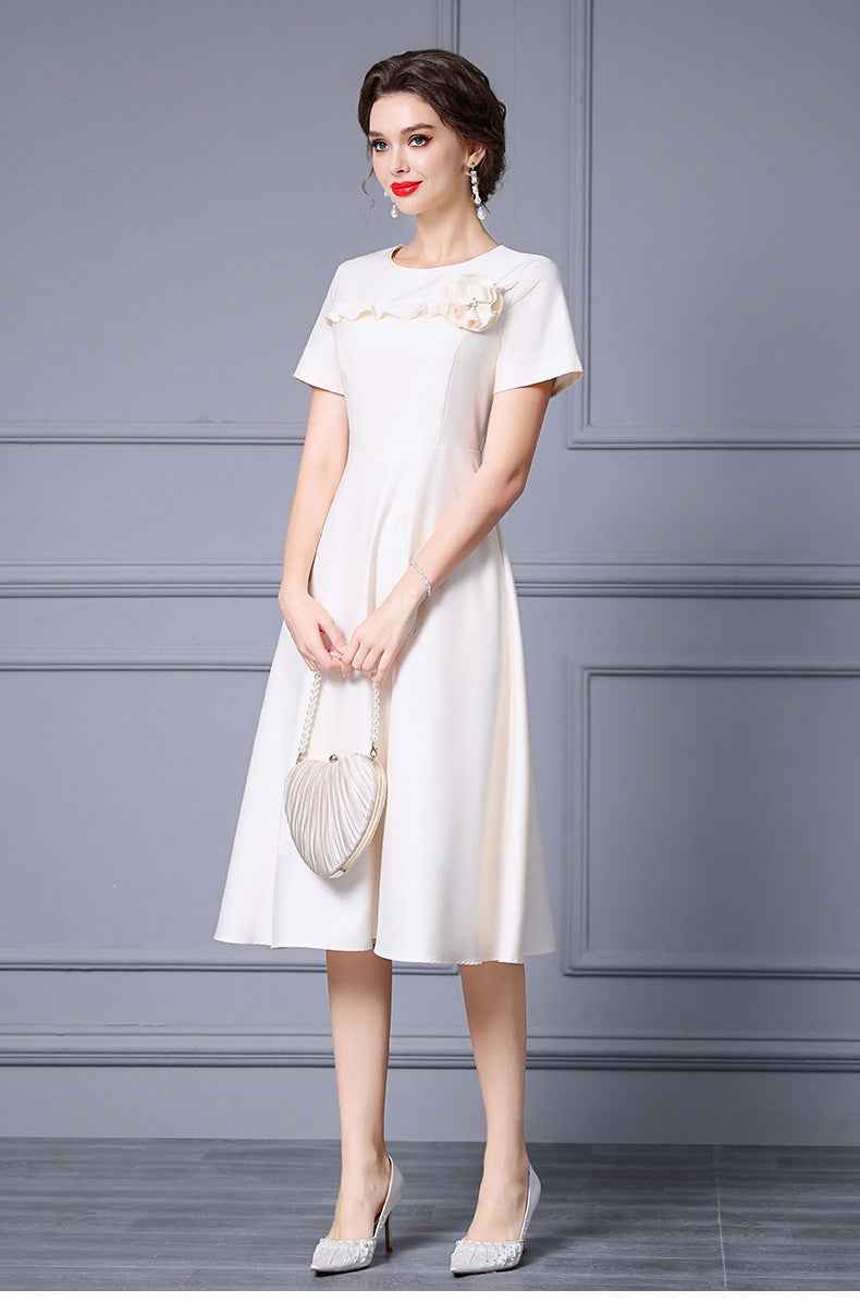 Zhili French-Style Elegant Ladylike Dress with Three-Dimensional Floral Decoration, High-Waisted Short-Sleeve A-Line Flared Skirt, Summer 2026 - Grab & Glow