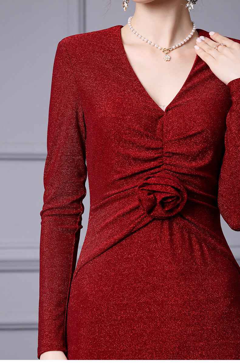 Zhili Red Mature Feminine Dress with Wrap Skirt, V-Neck, Floral Decoration, Bodycon Skirt, Mermaid Skirt, Spring 2026 - Grab & Glow