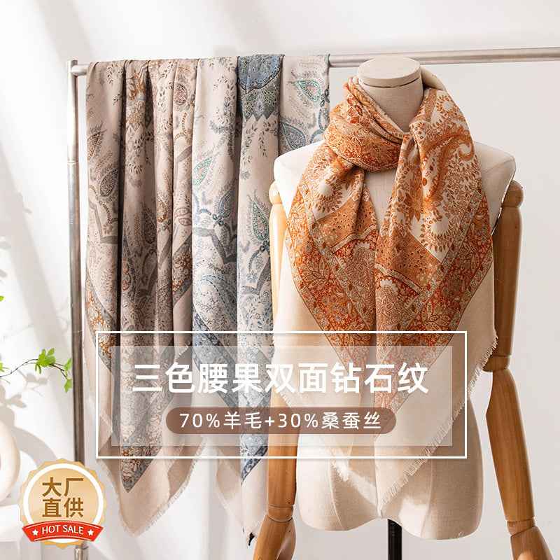 New Style Women's Silk Wool Scarf, Retro Printed Square Scarf, Sun Protection and Warm Neck Scarf, Dual-Use Decorative Scarf - Grab & Glow