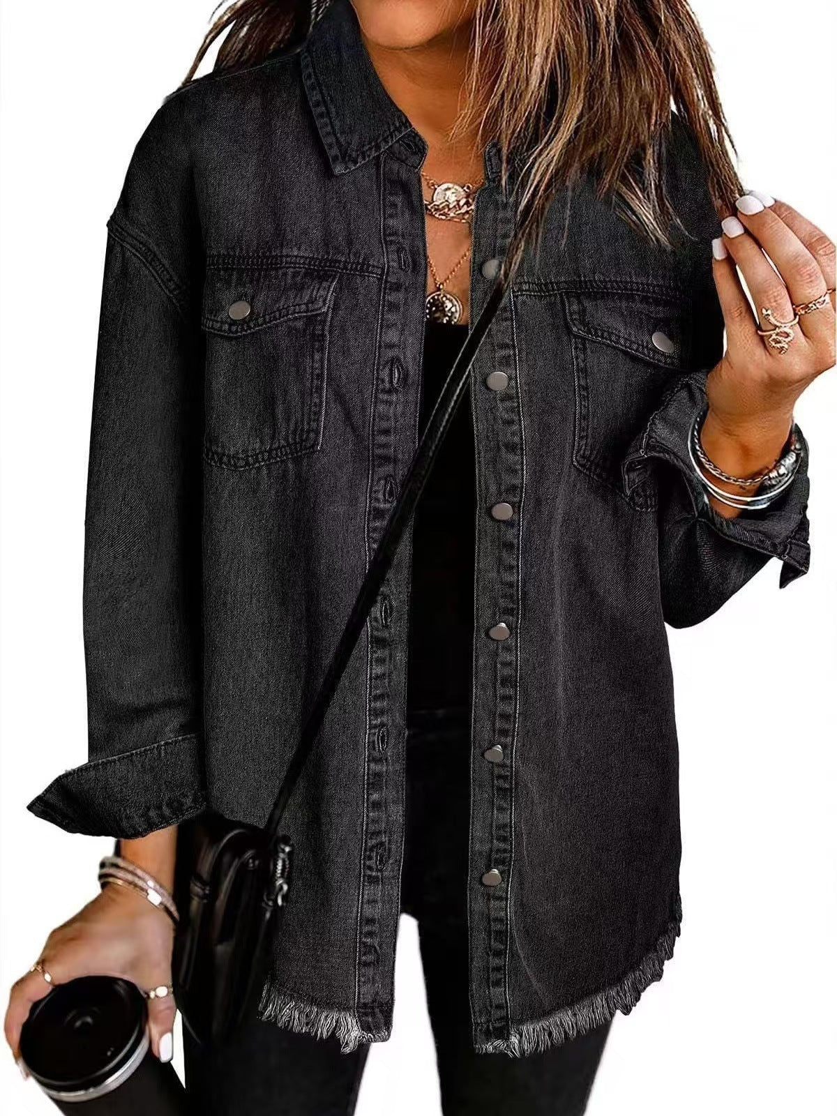 Cross-border New Washed Denim Shirt Jacket 2024 European and American Women's Autumn and Winter Distinctive Street Style Edge Hem Jacket - Grab & Glow