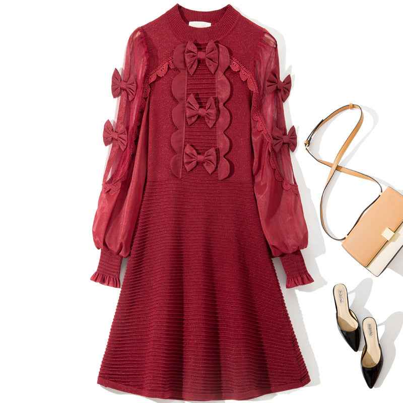 L6790 2025 Autumn Women's New Half-Turtleneck Bow Decoration Color-Block Lantern Long Sleeve Dress - Grab & Glow