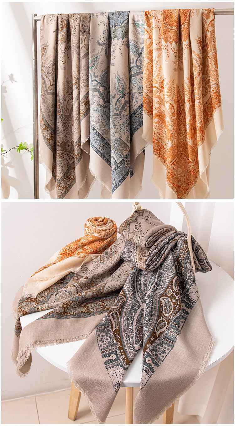 New Style Women's Silk Wool Scarf, Retro Printed Square Scarf, Sun Protection and Warm Neck Scarf, Dual-Use Decorative Scarf - Grab & Glow