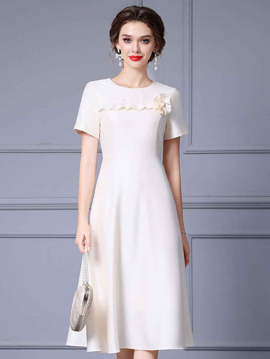 Zhili French-Style Elegant Ladylike Dress with Three-Dimensional Floral Decoration, High-Waisted Short-Sleeve A-Line Flared Skirt, Summer 2026 - Grab & Glow