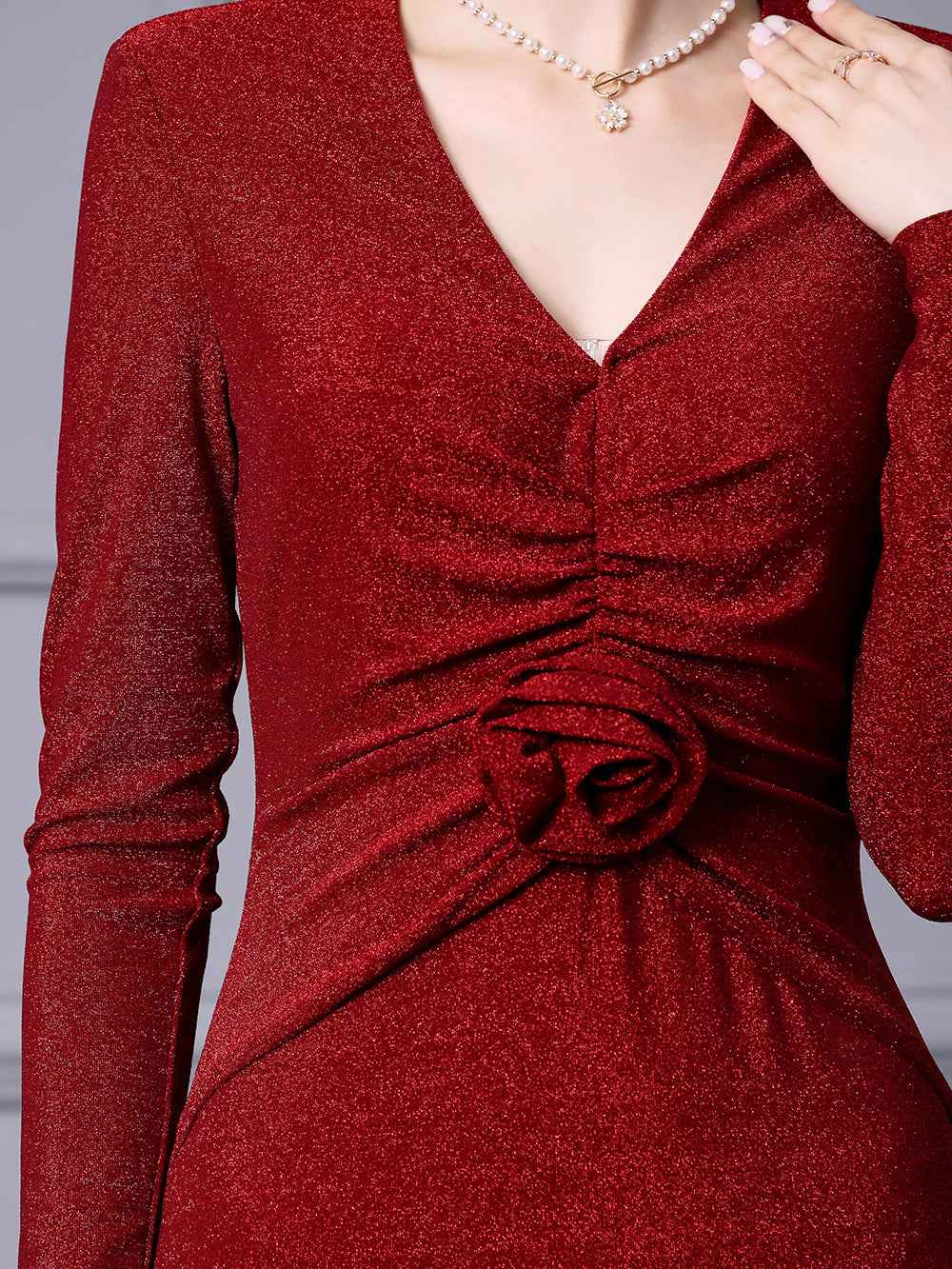 Zhili Red Mature Feminine Dress with Wrap Skirt, V-Neck, Floral Decoration, Bodycon Skirt, Mermaid Skirt, Spring 2026 - Grab & Glow