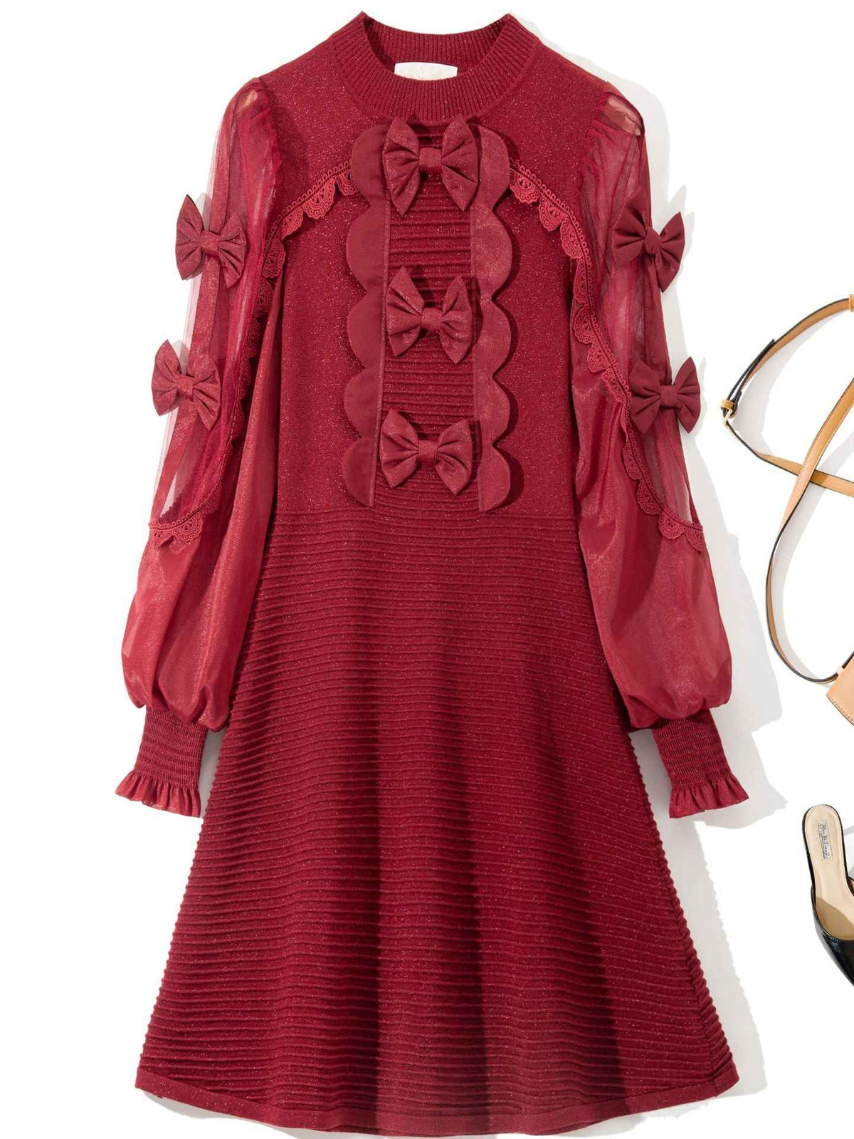 L6790 2025 Autumn Women's New Half-Turtleneck Bow Decoration Color-Block Lantern Long Sleeve Dress - Grab & Glow