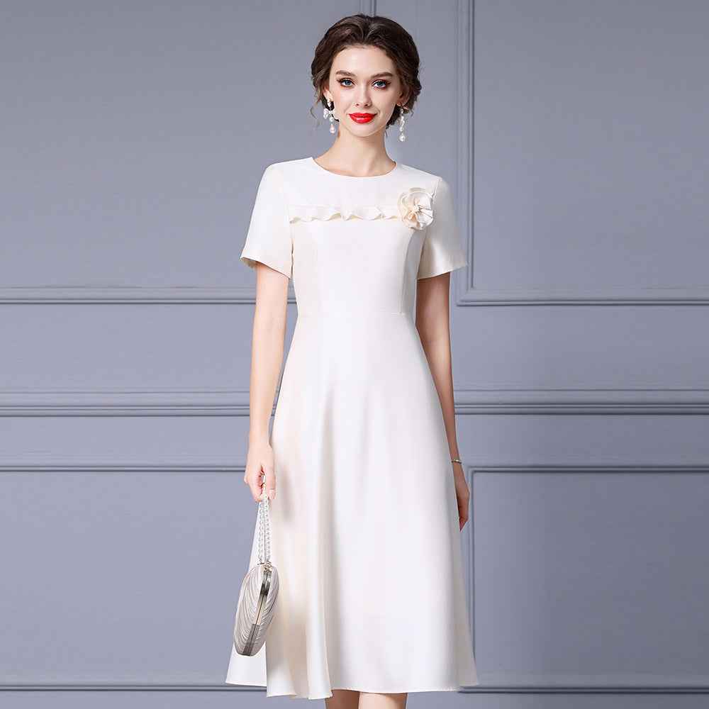 Zhili French-Style Elegant Ladylike Dress with Three-Dimensional Floral Decoration, High-Waisted Short-Sleeve A-Line Flared Skirt, Summer 2026 - Grab & Glow