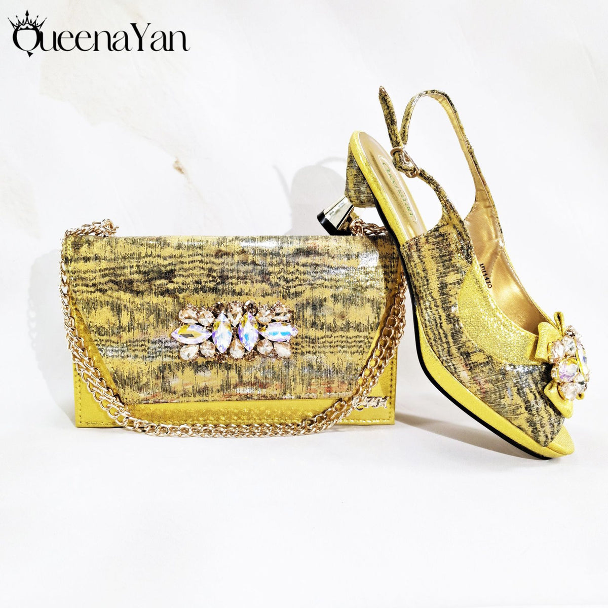 Irregular-Shaped Chunky Heel Shoes with Rhinestone Decoration and Back Strap, Women's Shoes with Chain Shoulder Evening Bag, Fashionable Party Shoe and Bag Set - Grab & Glow