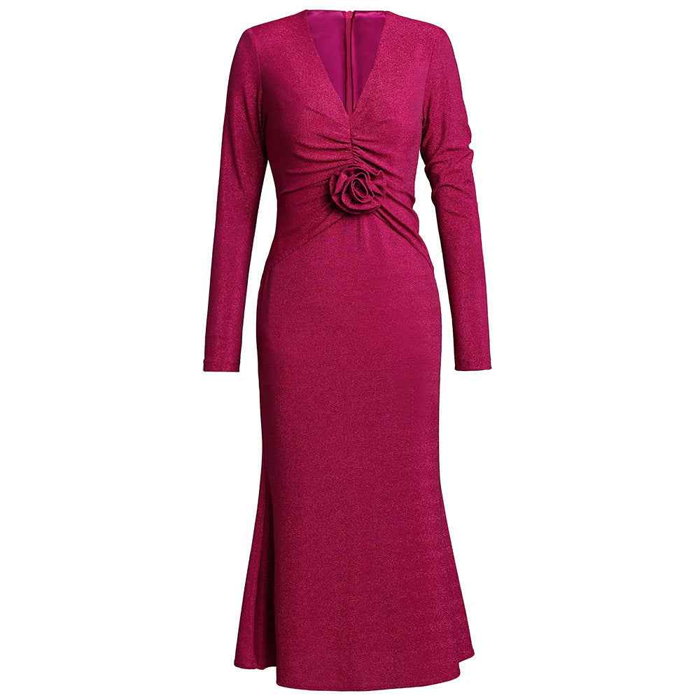 Zhili Red Mature Feminine Dress with Wrap Skirt, V-Neck, Floral Decoration, Bodycon Skirt, Mermaid Skirt, Spring 2026 - Grab & Glow