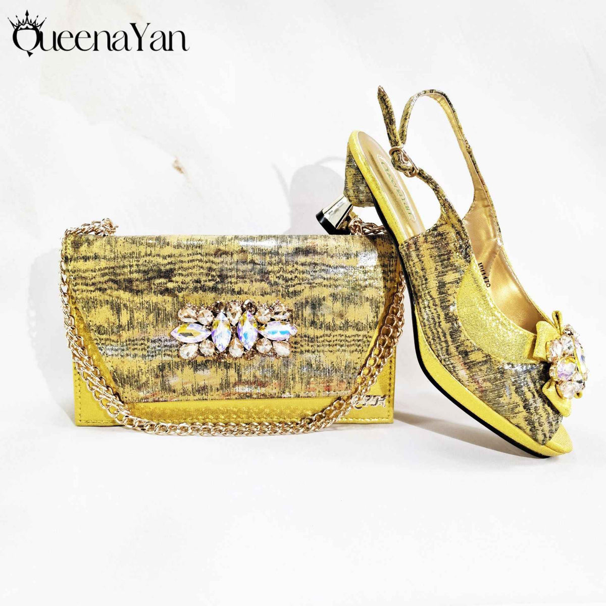 Irregular-Shaped Chunky Heel Shoes with Rhinestone Decoration and Back Strap, Women's Shoes with Chain Shoulder Evening Bag, Fashionable Party Shoe and Bag Set - Grab & Glow