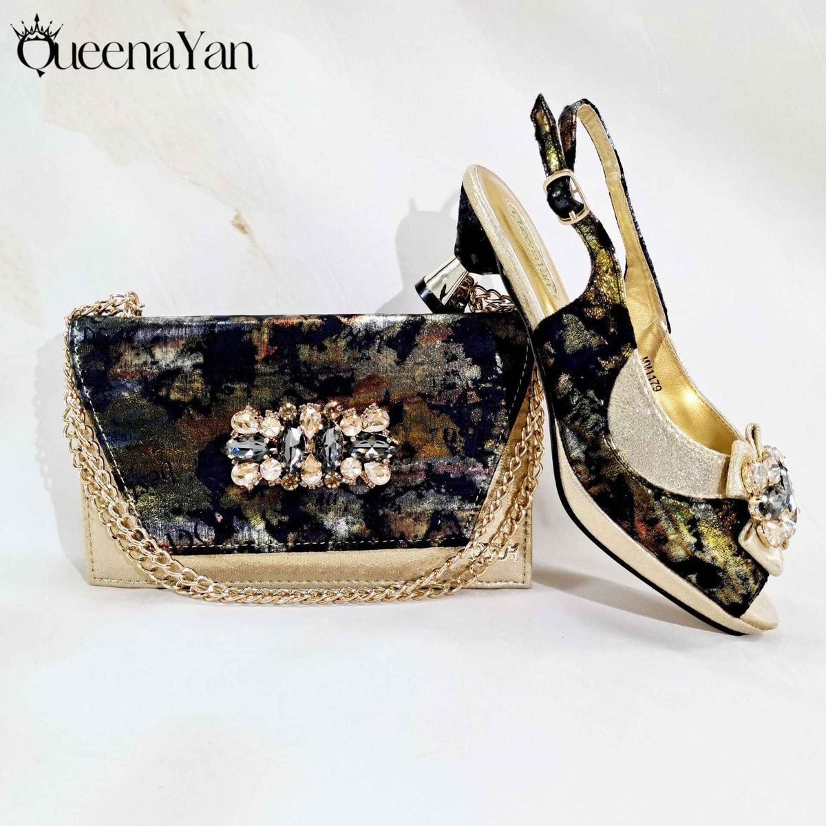 Irregular-Shaped Chunky Heel Shoes with Rhinestone Decoration and Back Strap, Women's Shoes with Chain Shoulder Evening Bag, Fashionable Party Shoe and Bag Set - Grab & Glow