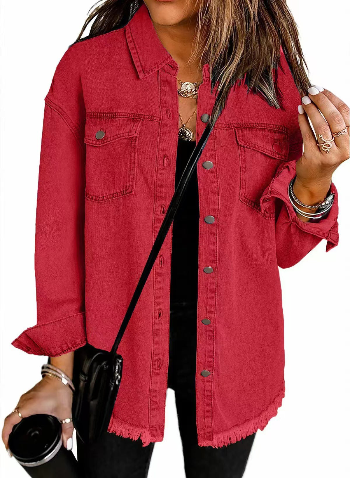 Cross-border New Washed Denim Shirt Jacket 2024 European and American Women's Autumn and Winter Distinctive Street Style Edge Hem Jacket - Grab & Glow