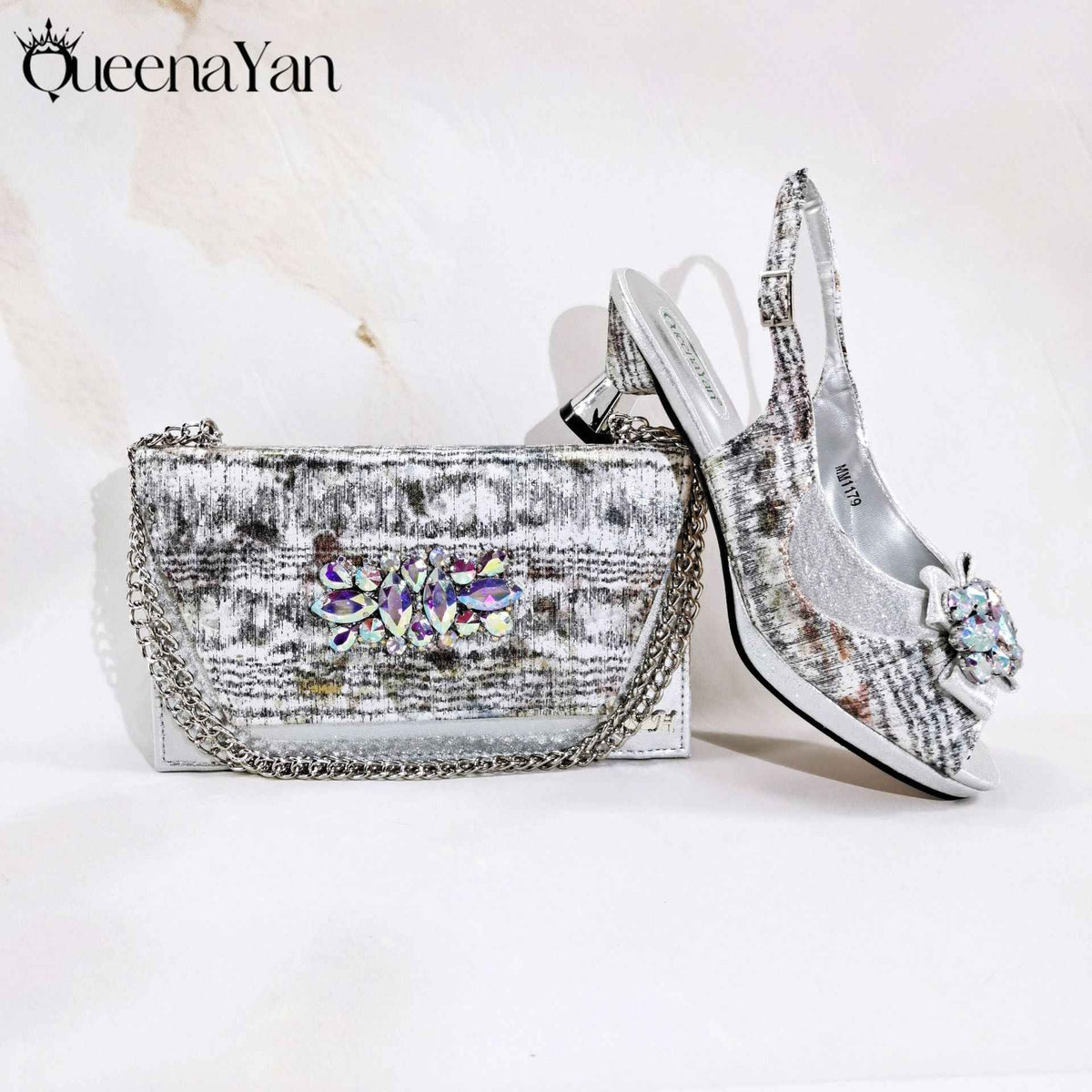 Irregular-Shaped Chunky Heel Shoes with Rhinestone Decoration and Back Strap, Women's Shoes with Chain Shoulder Evening Bag, Fashionable Party Shoe and Bag Set - Grab & Glow