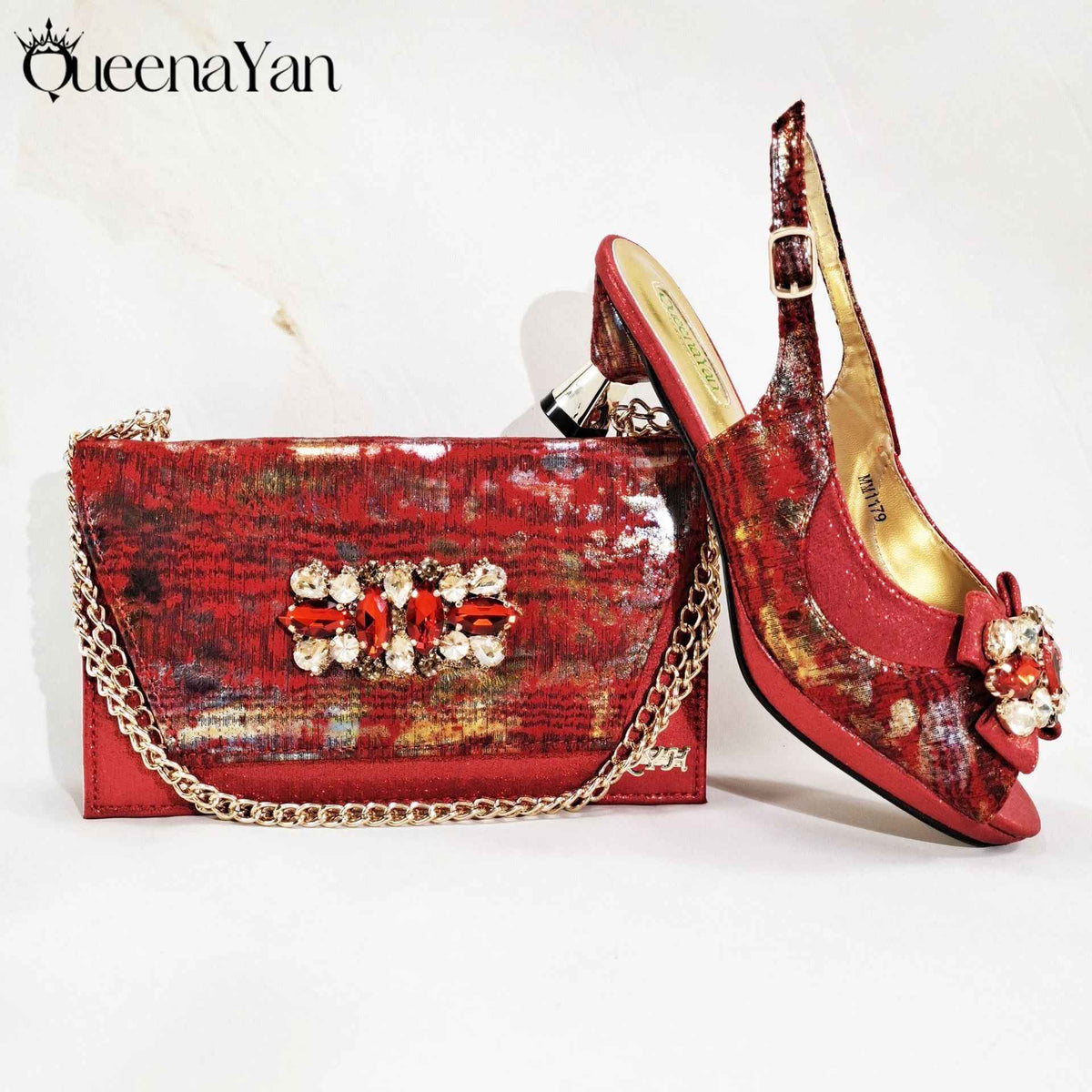 Irregular-Shaped Chunky Heel Shoes with Rhinestone Decoration and Back Strap, Women's Shoes with Chain Shoulder Evening Bag, Fashionable Party Shoe and Bag Set - Grab & Glow