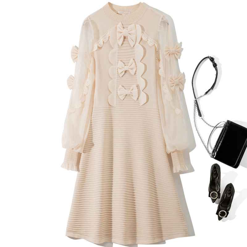 L6790 2025 Autumn Women's New Half-Turtleneck Bow Decoration Color-Block Lantern Long Sleeve Dress - Grab & Glow