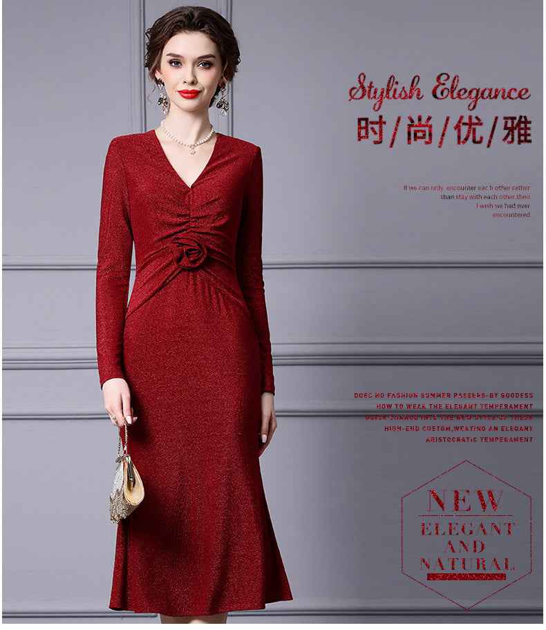 Zhili Red Mature Feminine Dress with Wrap Skirt, V-Neck, Floral Decoration, Bodycon Skirt, Mermaid Skirt, Spring 2026 - Grab & Glow