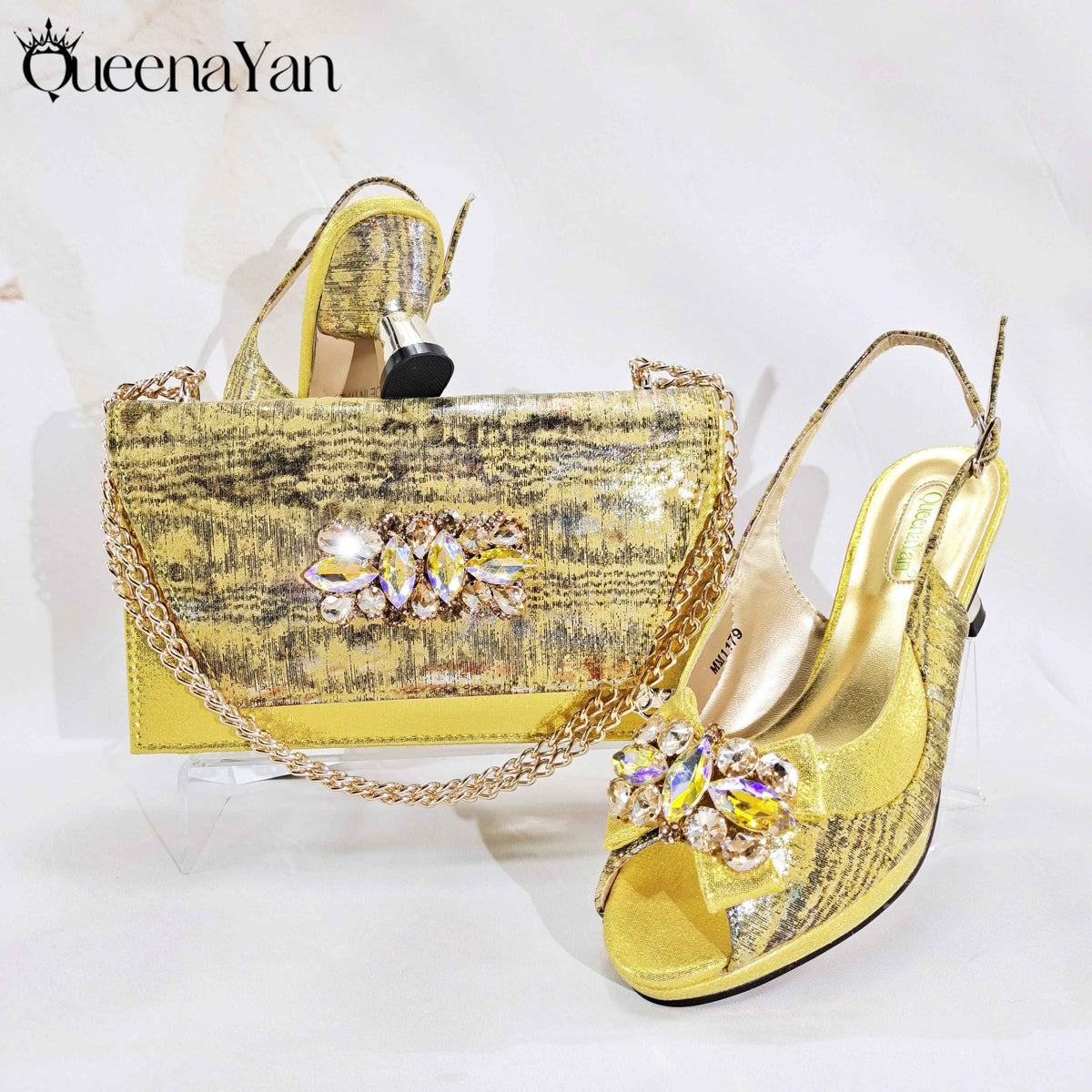 Irregular-Shaped Chunky Heel Shoes with Rhinestone Decoration and Back Strap, Women's Shoes with Chain Shoulder Evening Bag, Fashionable Party Shoe and Bag Set - Grab & Glow