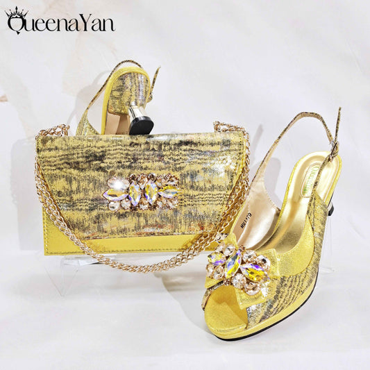 Irregular-Shaped Chunky Heel Shoes with Rhinestone Decoration and Back Strap, Women's Shoes with Chain Shoulder Evening Bag, Fashionable Party Shoe and Bag Set - Grab & Glow