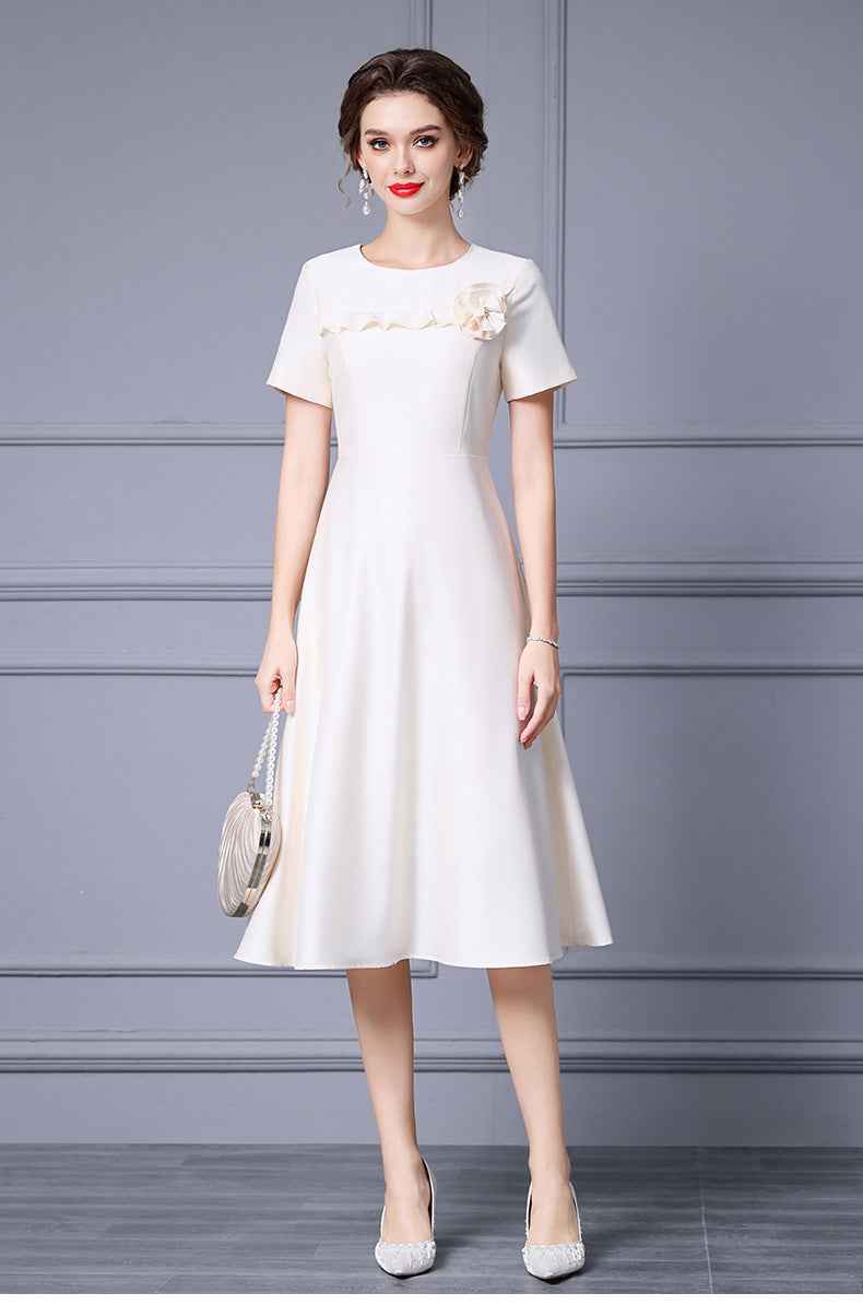 Zhili French-Style Elegant Ladylike Dress with Three-Dimensional Floral Decoration, High-Waisted Short-Sleeve A-Line Flared Skirt, Summer 2026 - Grab & Glow