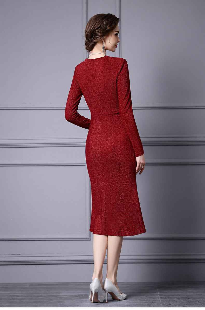 Zhili Red Mature Feminine Dress with Wrap Skirt, V-Neck, Floral Decoration, Bodycon Skirt, Mermaid Skirt, Spring 2026 - Grab & Glow
