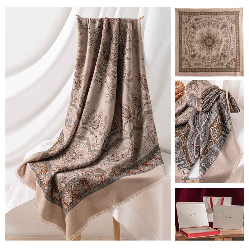 New Style Women's Silk Wool Scarf, Retro Printed Square Scarf, Sun Protection and Warm Neck Scarf, Dual-Use Decorative Scarf - Grab & Glow