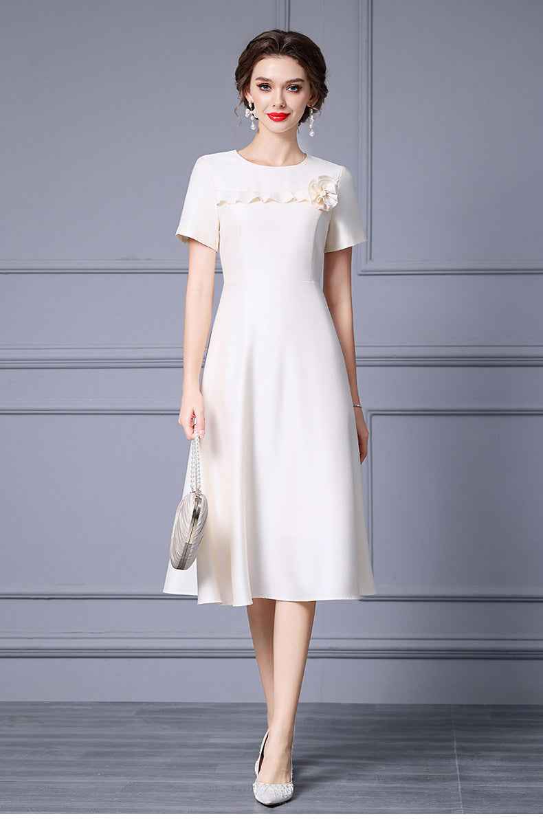 Zhili French-Style Elegant Ladylike Dress with Three-Dimensional Floral Decoration, High-Waisted Short-Sleeve A-Line Flared Skirt, Summer 2026 - Grab & Glow