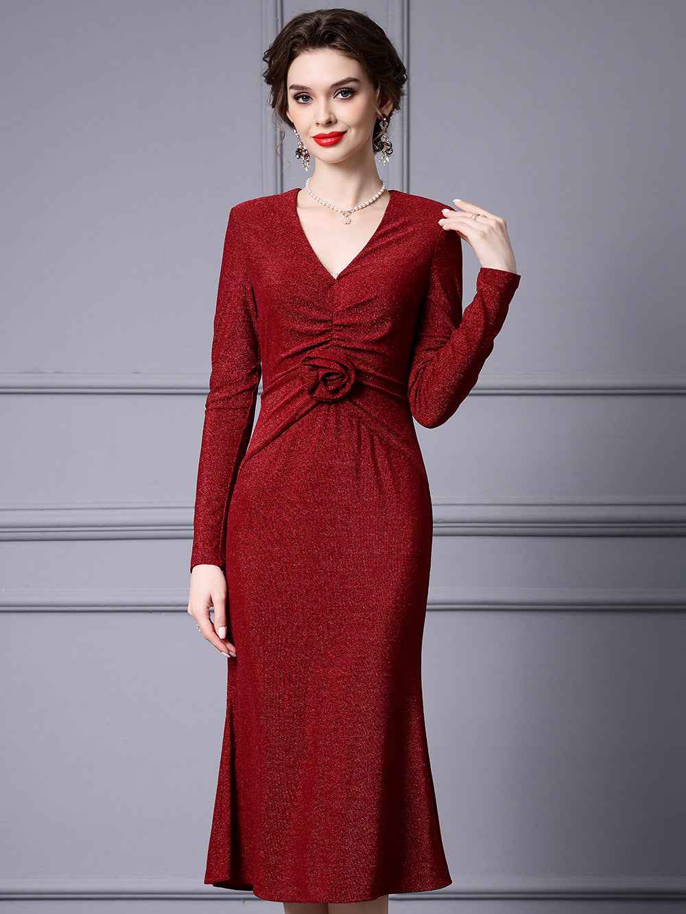 Zhili Red Mature Feminine Dress with Wrap Skirt, V-Neck, Floral Decoration, Bodycon Skirt, Mermaid Skirt, Spring 2026 - Grab & Glow